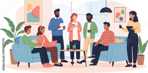 Diverse group in a modern office space collaborating and enjoying beverages