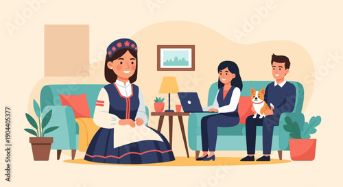 Diverse group in a cozy living room, one person in traditional attire