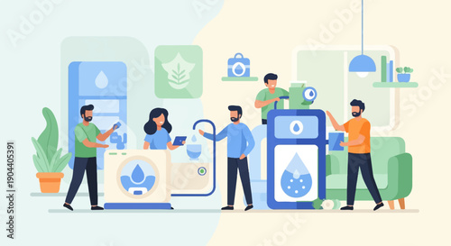 Diverse people interacting with water purification and dispensing systems