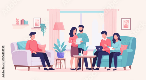 Diverse group meeting in a bright, minimalist living room setting