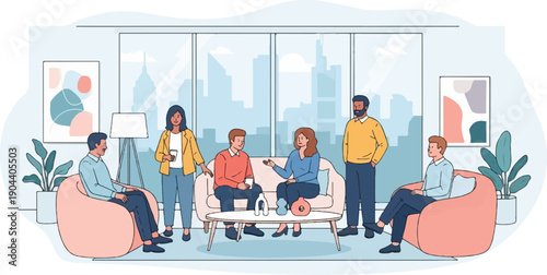 Diverse group of people conversing in a modern office lounge area