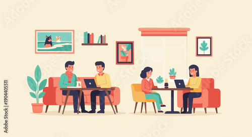 Diverse people work remotely on laptops in a cozy, art-filled room