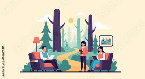 Diverse people working remotely in a serene forest setting