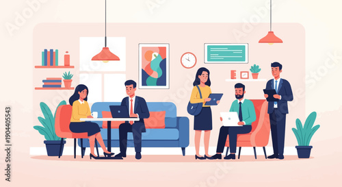 Diverse professionals collaborate and work efficiently in a modern, bright office space