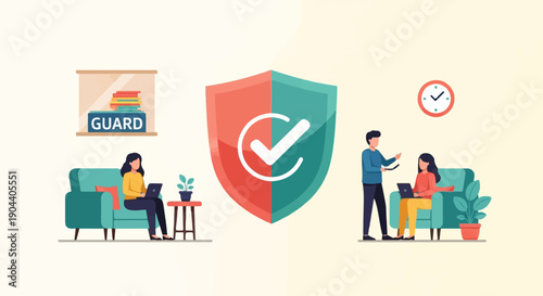 Diverse professionals collaborate on a project, protected by a central shield icon