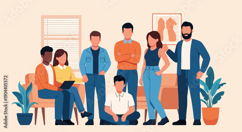 Diverse group of people in a room, some seated, some standing, casual