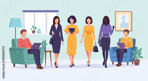 Diverse professionals work in a modern, bright office environment