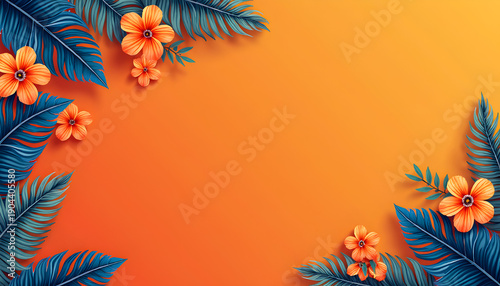 Vibrant orange background adorned with an intricate pattern of blue and orange tropical leaves and flowers, rich shades and textures creating a visually appealing contrast, seamless decorative design