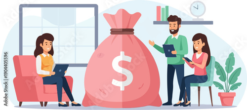 Diverse team collaborates around a large money bag in a modern office setting