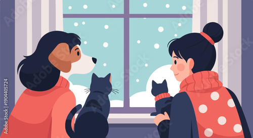 Dog, person, and cats observe snowfall through window