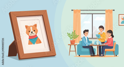 Dog portrait and team collaboration in a modern office setting