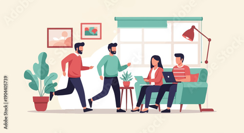 Diverse team collaborating indoors in modern, flat illustration style