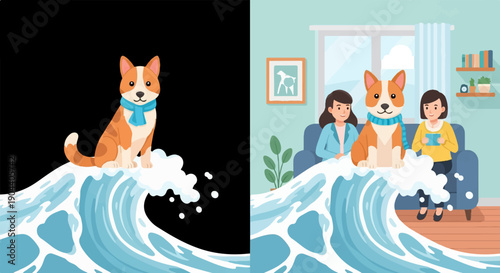 Dog sits on wave with people indoors, cute, cozy, domestic scene
