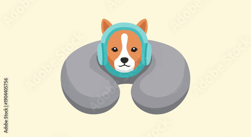 Dog with headphones on a travel pillow, listening to music