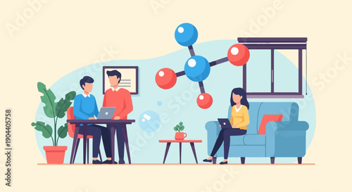 Diverse team collaborating on a science project in a modern home office setting