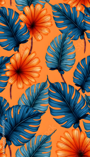 Vibrant orange background adorned with an intricate pattern of blue and orange tropical leaves and flowers, rich shades and textures creating a visually appealing contrast, seamless decorative design