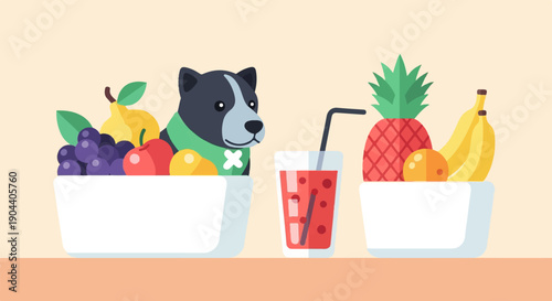 Dog with fruit bowls and a drink