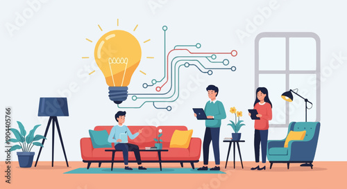 Diverse team collaborating on an innovative idea with a lightbulb