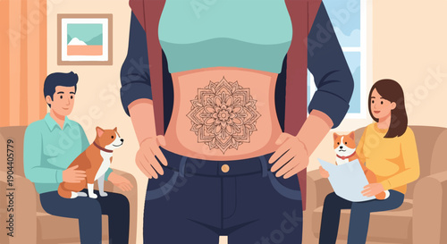 Domestic scene with a couple, two dogs, and a belly tattoo