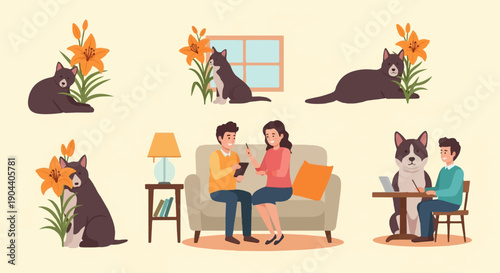 Domestic animals and people in cozy interior scenes with floral accents