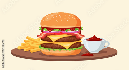 Double cheeseburger with crispy bacon, fresh lettuce, tomato, onion and fries