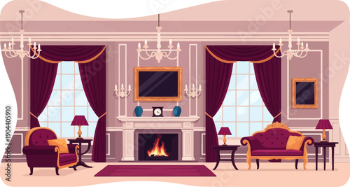 Elegant interior with fireplace, ornate furniture, and plush drapes