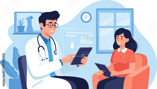 Doctor and patient consult using tablets in a modern clinic