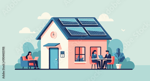 Eco-friendly home with solar panels and people working remotely