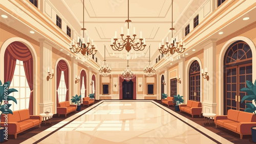 Elegant pixel art ballroom with ornate chandeliers, plush seating, and arched windows