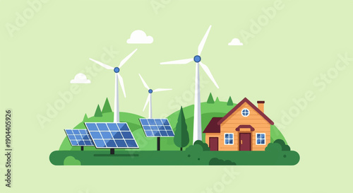 Eco-friendly home with solar panels and wind turbines