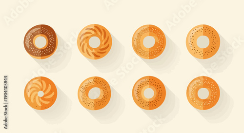 Eight assorted bagels in a flat illustration style