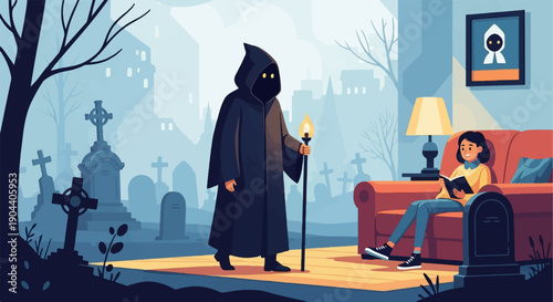 Eerie encounter Grim Reaper visits a girl reading indoors near graves