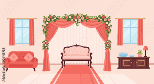 Elegant room setup with floral arch, seating, and decor