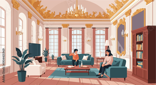 Elegant room with two people relaxing on sofas, high ceiling, large windows, artwork
