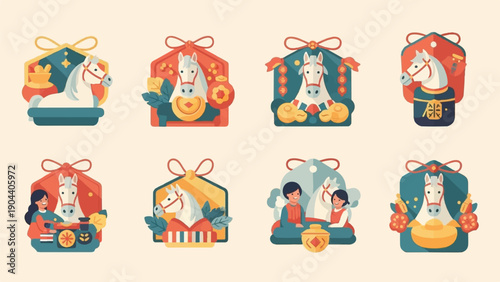 Eight decorative horse motifs with festive elements and people