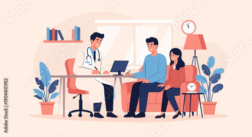 Doctor consults with a couple in a bright, modern clinic room