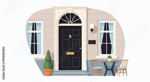 Elegant townhouse entrance with ornate door, windows, and seating area