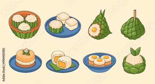 Eight different kinds of stylized sweet pastries and dim sum dishes