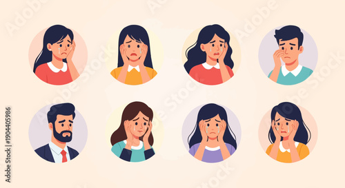 Eight diverse faces express sadness, tears falling on cheeks