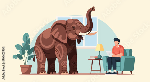 Elephant and man in room with plants, window and lamp