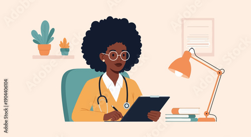 Doctor with glasses writing on clipboard with plants and lamp nearby