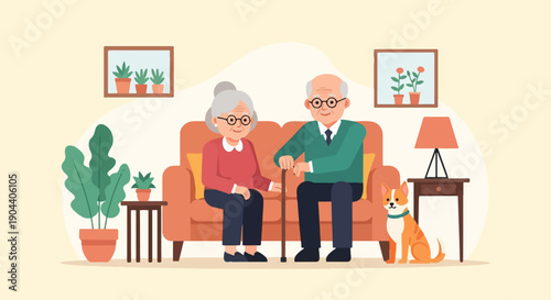 Elderly couple with dog on sofa in a cozy living room