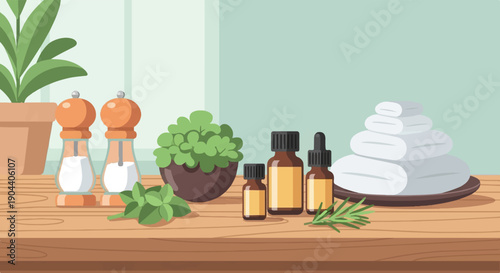 Essential oils, herbs, towels, and shakers arranged on a wooden table indoors