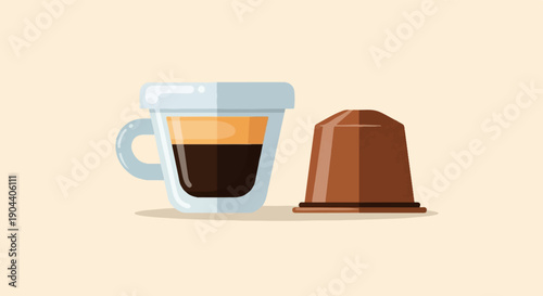 Espresso cup and coffee capsule on light background