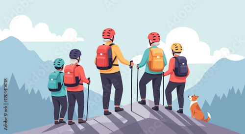 Elderly hikers with dog reach mountain summit, enjoying the view