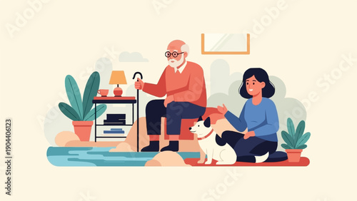 Elderly man and young woman with a dog in a serene indoor setting