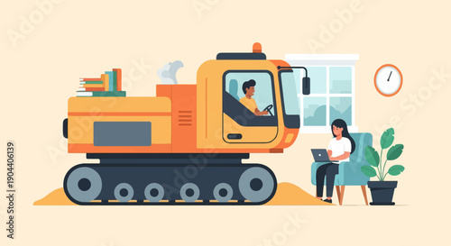 Excavator merges with office space, people work remotely from construction site