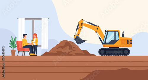 Excavator working near people inside a room with a window and plant
