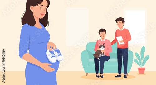 Expectant parents and their dog await new arrival with baby booties