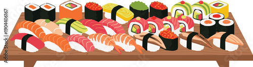 Assorted sushi rolls and nigiri arranged on a wooden platter viewed from above in a restaurant setting